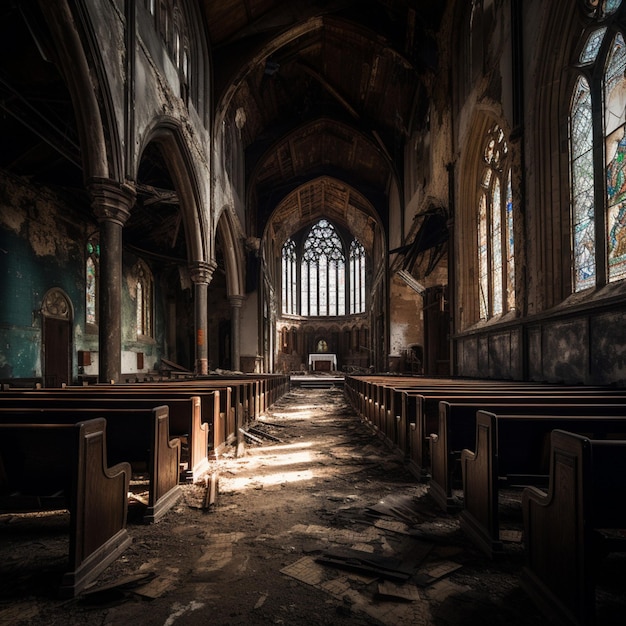 Arafed church with stained glass windows and a stone floor generative ai