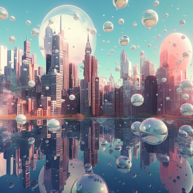 Arafed city with a lot of bubbles floating in the water generative ai