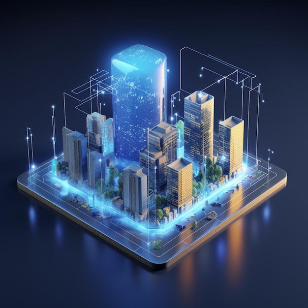 태블릿 생성 AI에 고층 빌딩과 많은 조명이 있는 아라페드 도시