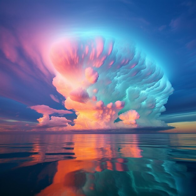 Photo arafed cloud over the ocean with a bright orange glow generative ai