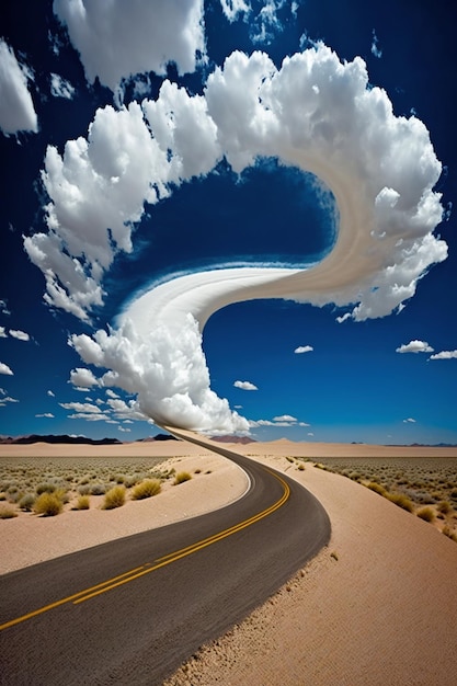 arafed cloud shaped like a wave over a desert road generative ai