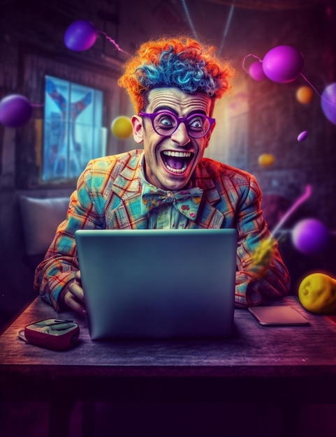 arafed clown with a laptop surrounded by balloons and a laptop generative ai