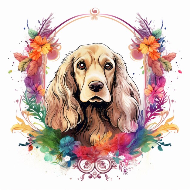 Arafed cocker dog with floral frame and flowers generative ai