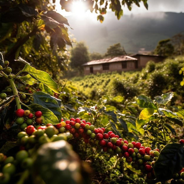 Photo arafed coffee beans growing on a tree in a field generative ai