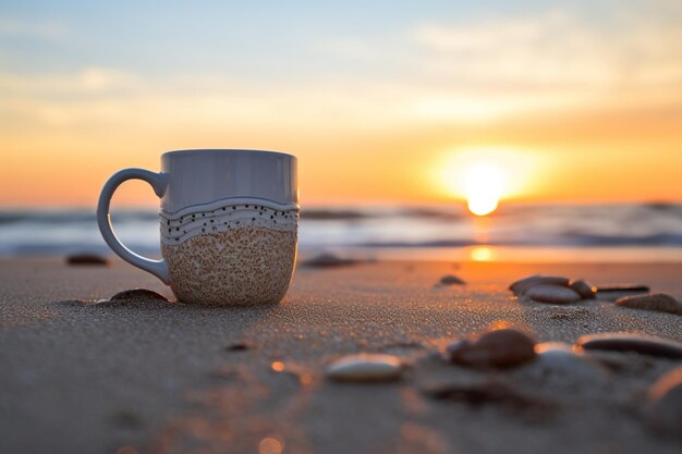 Arafed coffee cup sitting on the sand at the beach generative ai