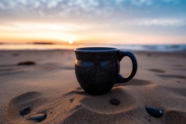 Arafed coffee cup sitting on a sandy beach at sunset generative ai