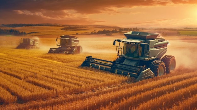 Arafed combine harvester in a field with a tractor in the background generative ai