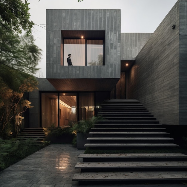 Arafed concrete house with stairs leading to a second story generative ai