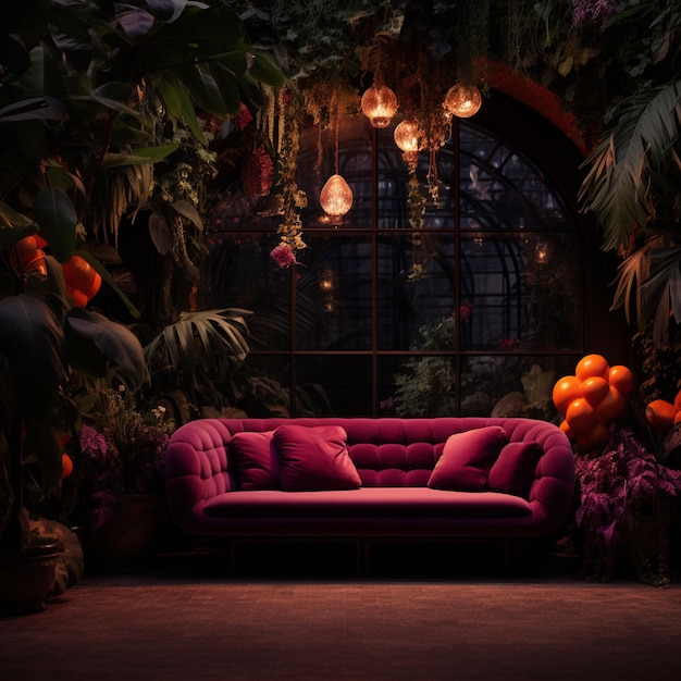 arafed couch in a dark room with plants and flowers generative ai