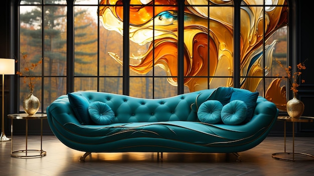 写真 大きな窓の前にあるアラフェッドのソファーに絵が描かれています