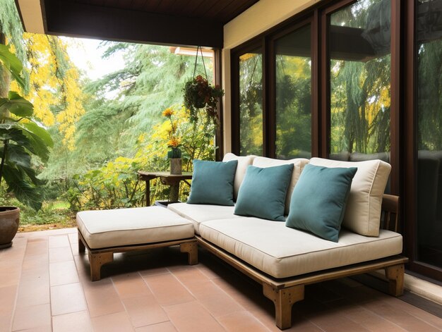 Диван с диваном и подушками во внутреннем дворике с видом на деревья, генеративный ай