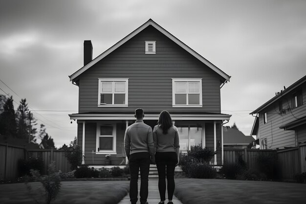 Photo arafed couple standing in front of a house in a neighborhood generative ai