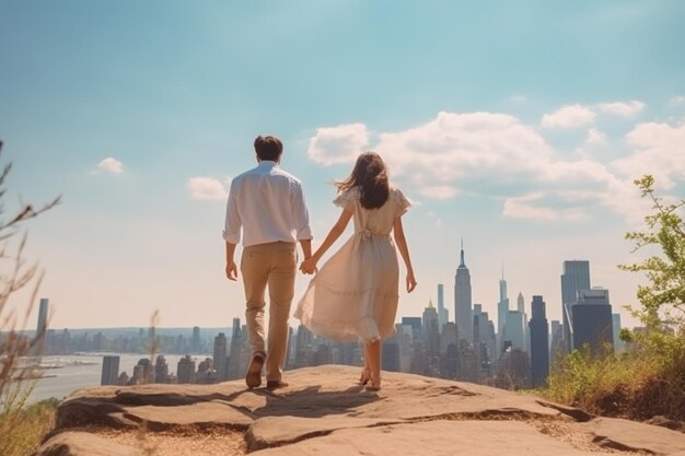 Arafed couple walking on a rock with a view of the city generative ai