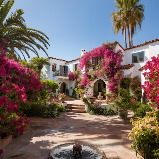 Arafed courtyard with fountain and flowers and palm trees AI Generative