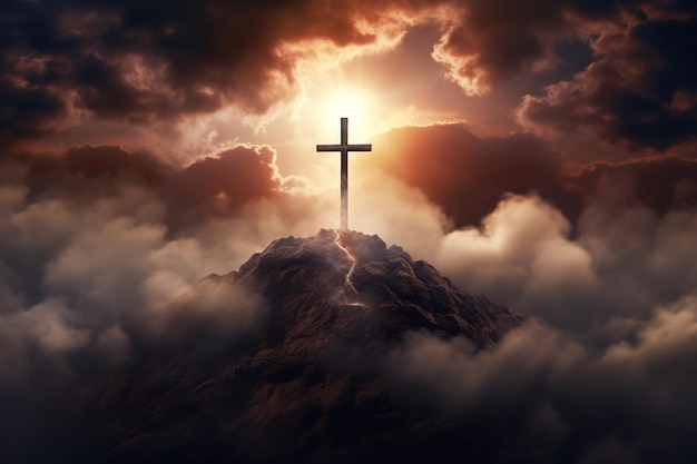 arafed cross on a mountain with clouds and sun in the background generative ai