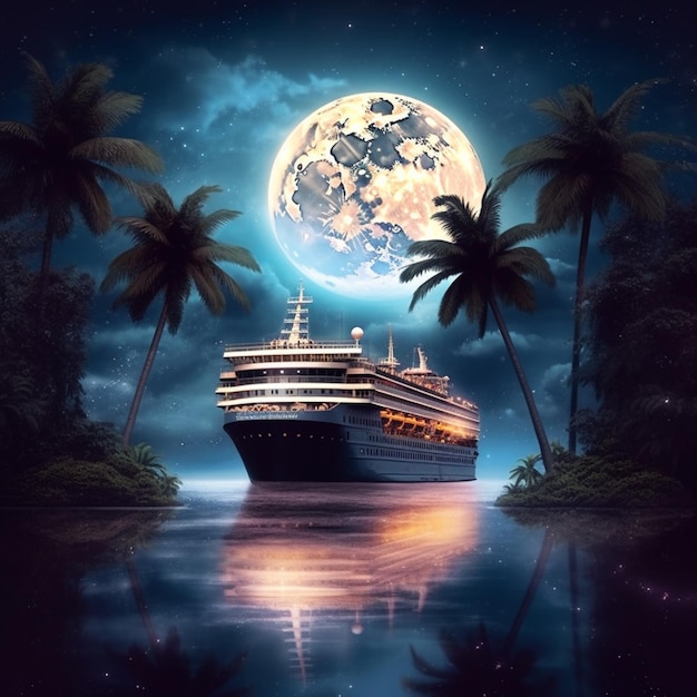 Arafed cruise ship in the ocean with a full moon in the background generative ai