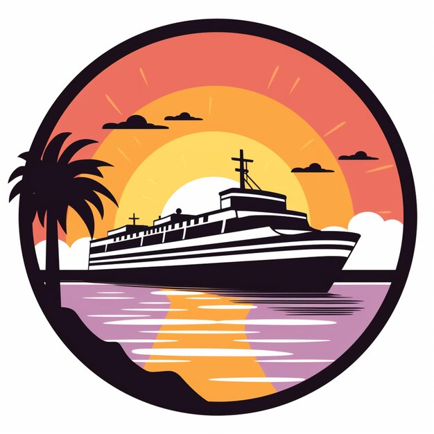 arafed cruise ship in the ocean with palm trees and sunset generative ai