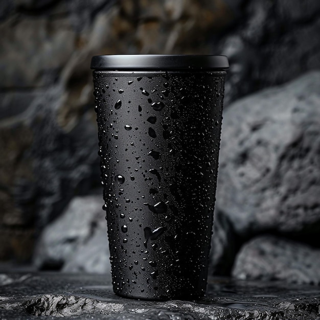 Photo arafed cup of coffee sitting on a rock with water droplets generative ai