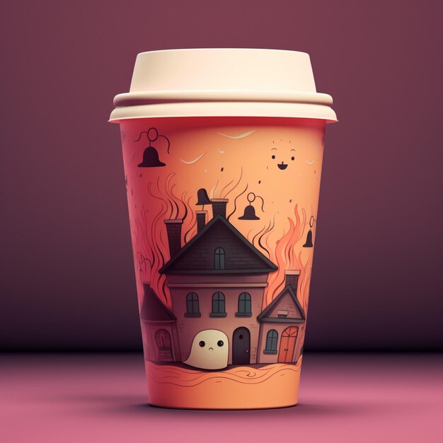 Arafed cup with a house and a ghost on it generative ai