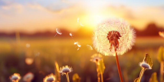 太陽が沈む畑のダンドレオンの花 ⁇ 