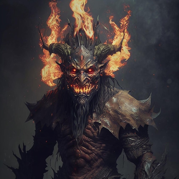 arafed demon with fire on his face and a large knife generative ai