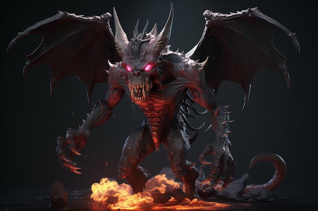 Arafed demonic creature with glowing eyes and red eyes standing in front of a fire generative ai