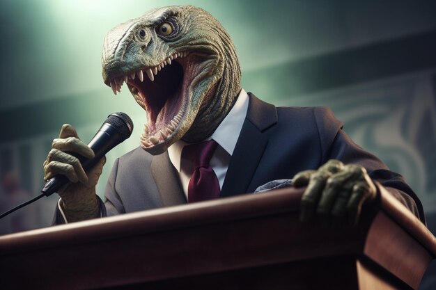 arafed dinosaur in a suit and tie speaking into a microphone generative ai