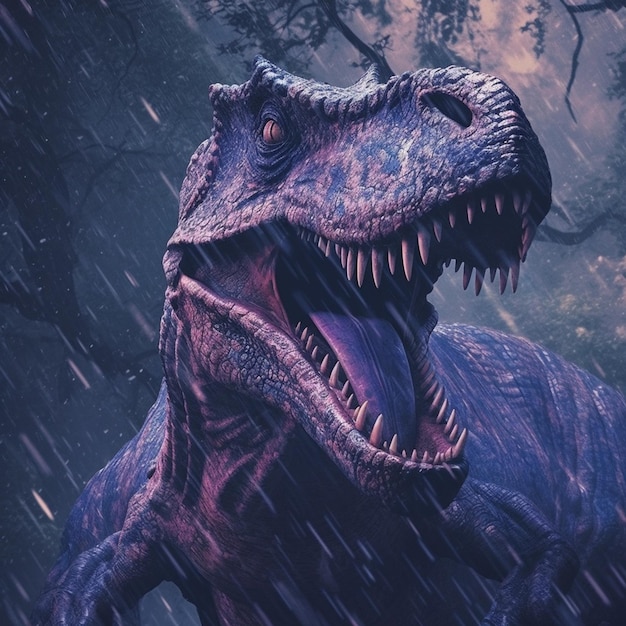 arafed dinosaur with open mouth in the rain with trees in the background generative ai