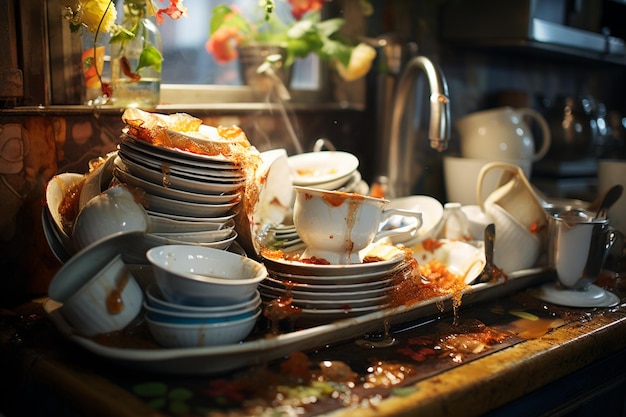 Arafed dishes and cups are piled on a tray in a kitchen generative ai