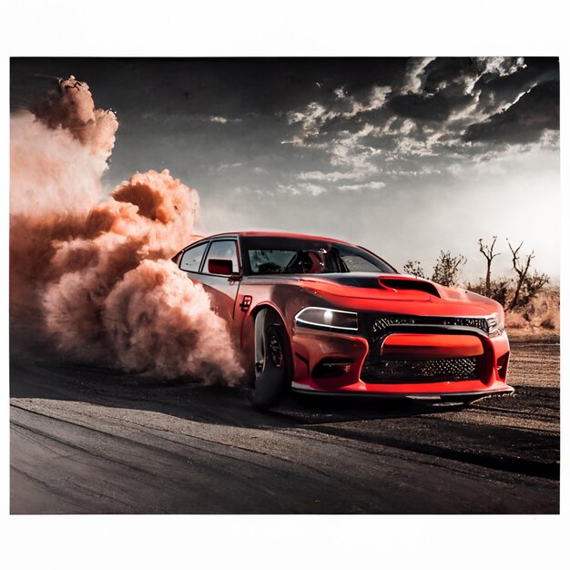 Photo arafed dodge charger driving on a road with a lot of dust generative ai