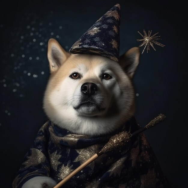Arafed dog dressed in a costume with a hat and a wand generative ai