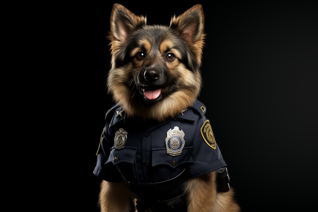 Foto cane arrafed vestito in un'uniforme di polizia seduto su uno sgabello generativo ai