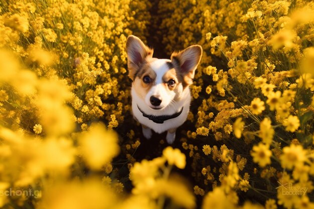 Arafed dog in a field of yellow flowers looking up generative ai
