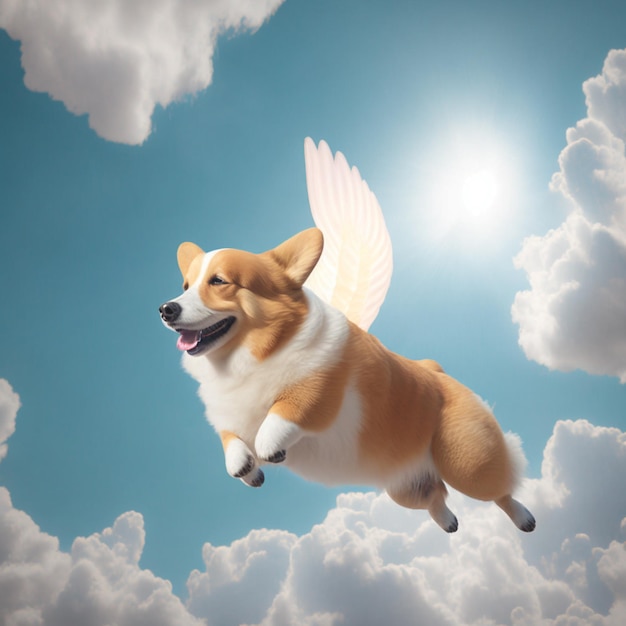 Photo arafed dog flying through the sky with wings in the air generative ai