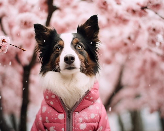 나무 생성 ai 앞에 서 있는 분홍색 재킷을 입은 아라페드 개