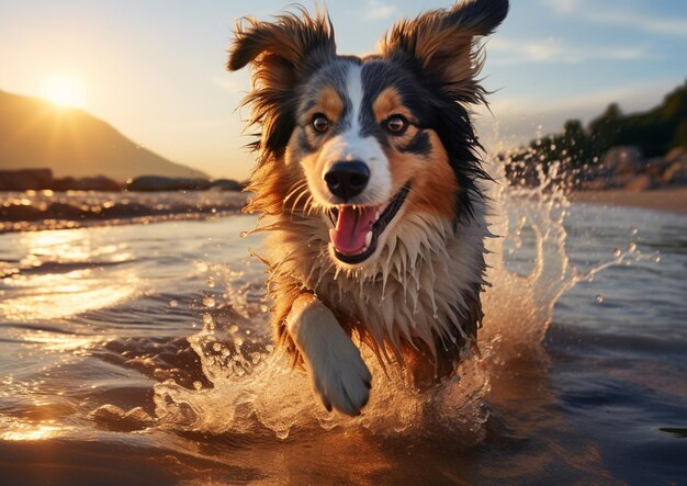 Foto cane arafed che corre nell'acqua sulla spiaggia generativo ai