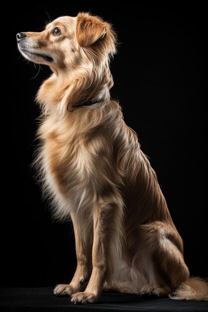 arafed dog sitting on a black surface looking up generative ai