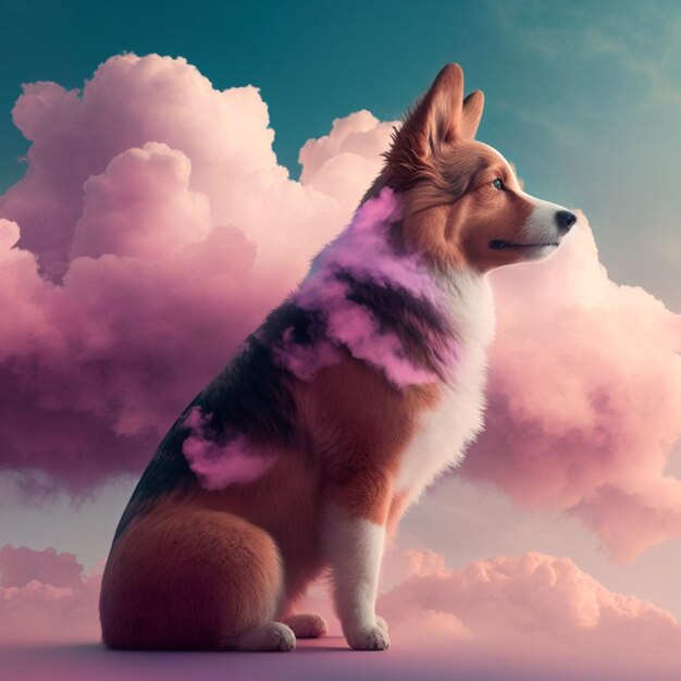 Arafed dog sitting on a cloud covered ground with a sky background generative ai