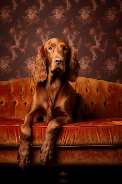 Arafed dog sitting on a couch in front of a wallpapered wall generative ai