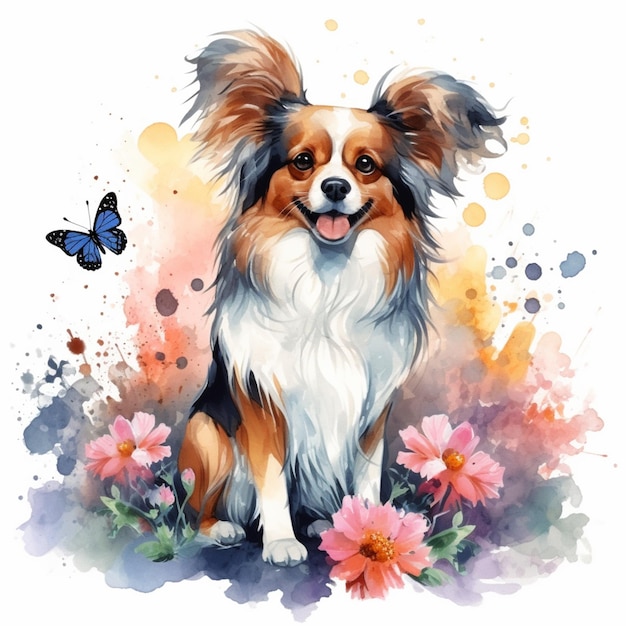 Arafed dog sitting in a field of flowers with a butterfly generative ai