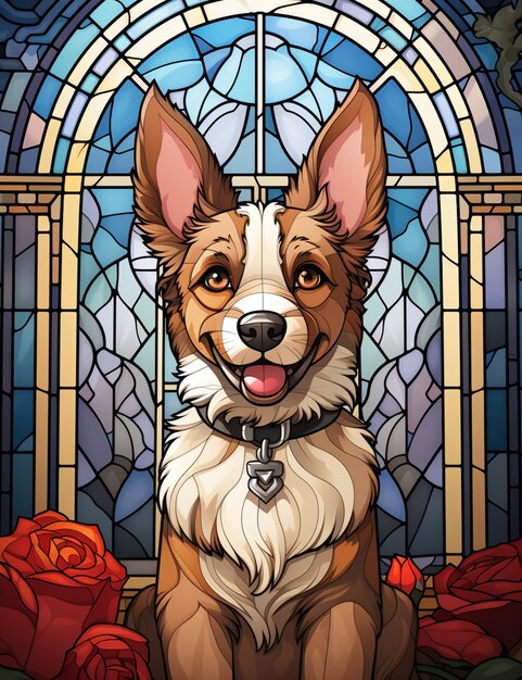 Arafed dog sitting in front of a stained glass window with a rose generative ai