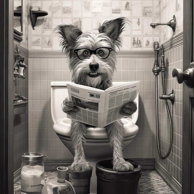 Arafed dog sitting on a toilet reading a newspaper generative ai