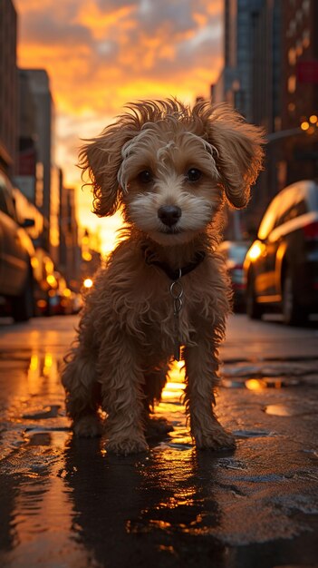 Arafed dog sitting on wet sidewalk in city at sunset generative ai