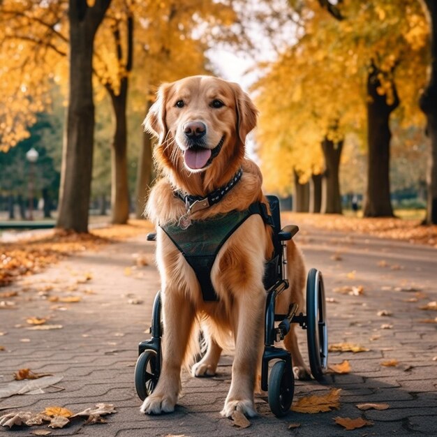 Арафедная собака сидит в инвалидном кресле на тропе в парке.