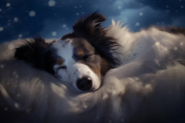 雪の中で毛布の上で眠るアラフェド犬の生成AI