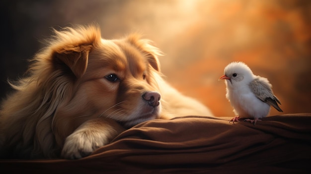 Photo arafed dog and a small bird sitting on a blanket generative ai