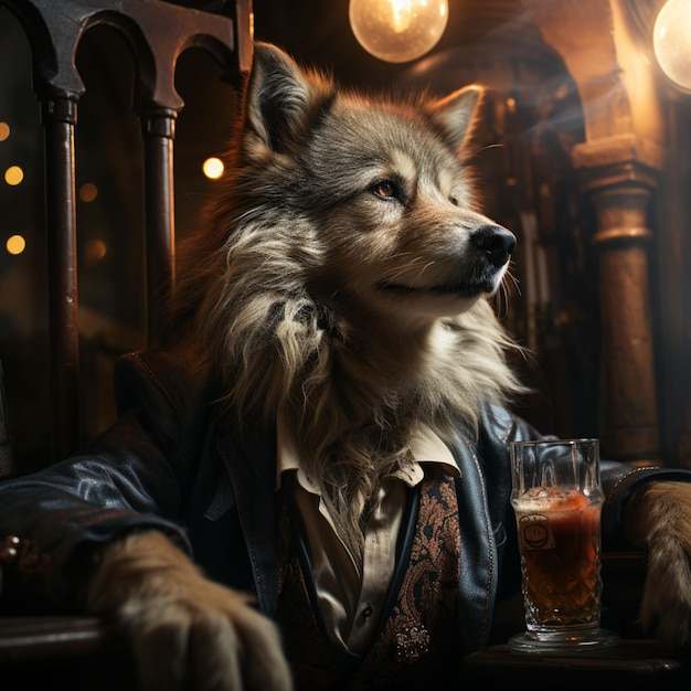 Арафед-собака в костюме и галстуке сидит за столом со стаканом пива, генеративный ай