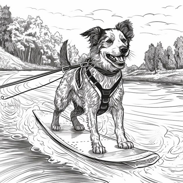 Photo arafed dog on a surfboard in the water with a leash generative ai