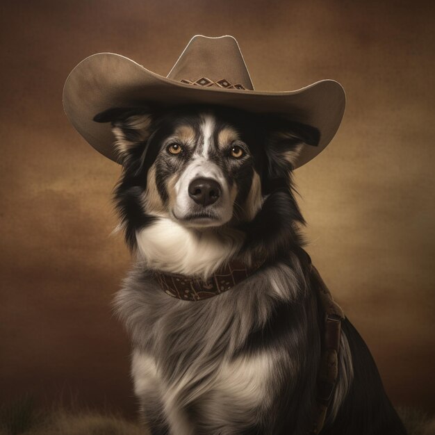 Photo arafed dog wearing a cowboy hat and sitting in a field generative ai