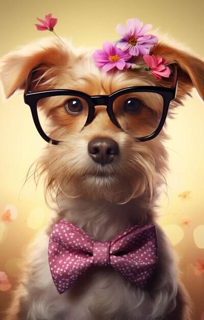 arafed dog wearing glasses and a bow tie with flowers in its hair generative ai